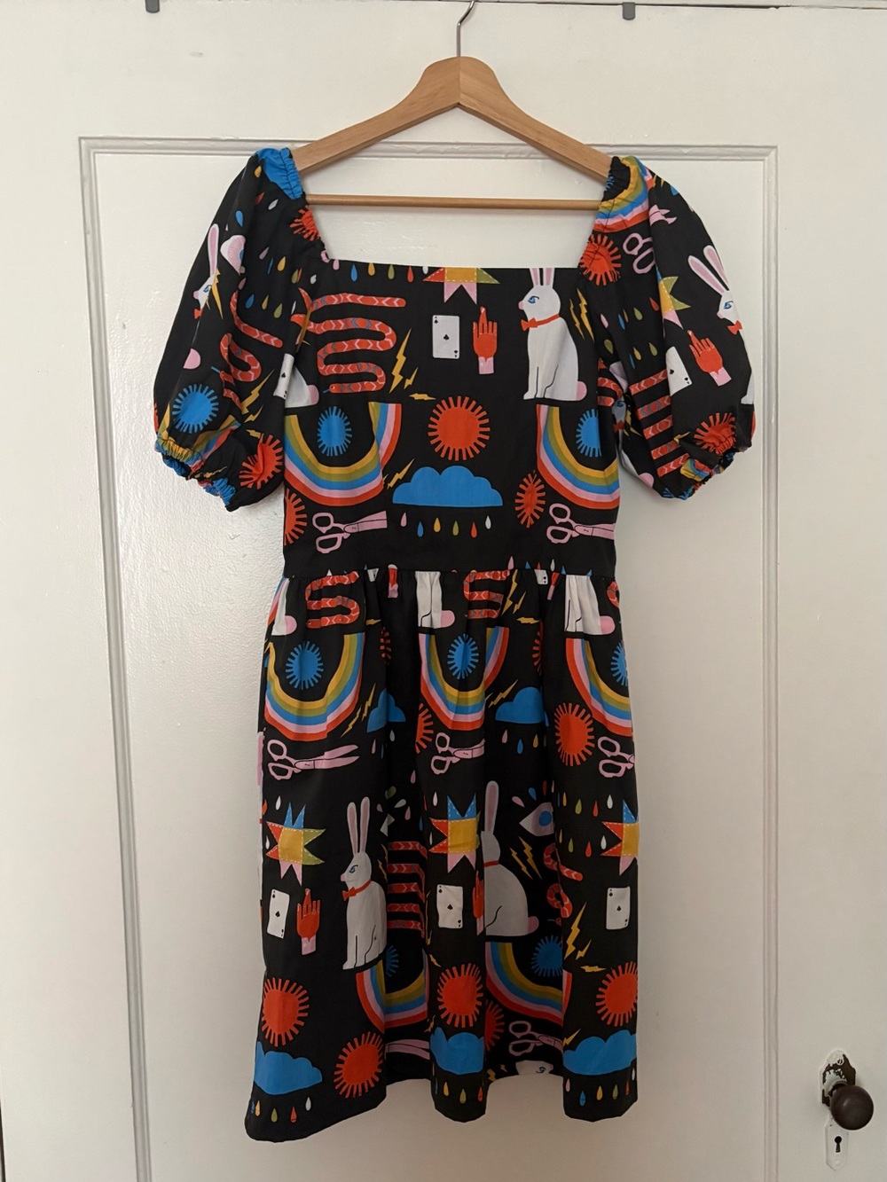 Nooworks Black Mini Dress with Multicolor Rainbow & Rabbit Print
